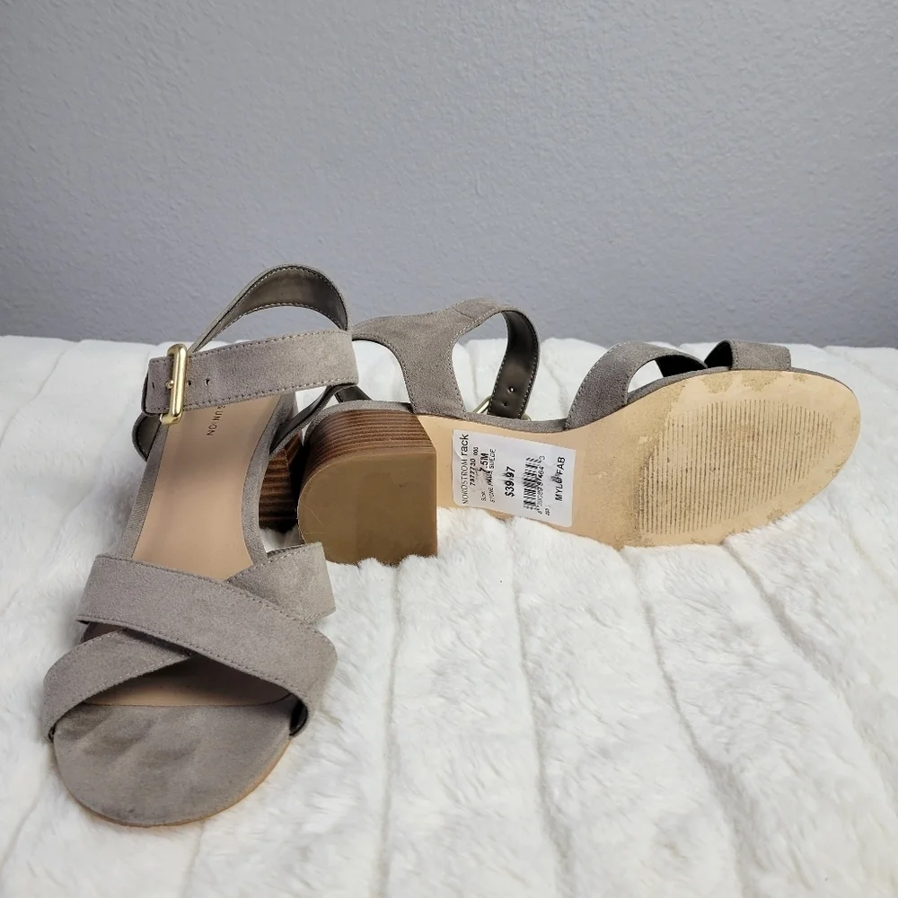 14th & UNION // taupe grey suede adjustable ankle strap heeled sandals